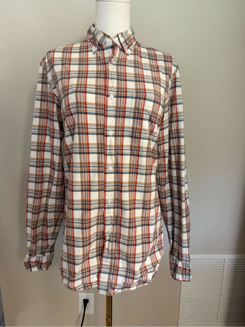 J. Crew Secret Wash Stretch Plaid Button-Down White Shirt with Red Blue Brown
